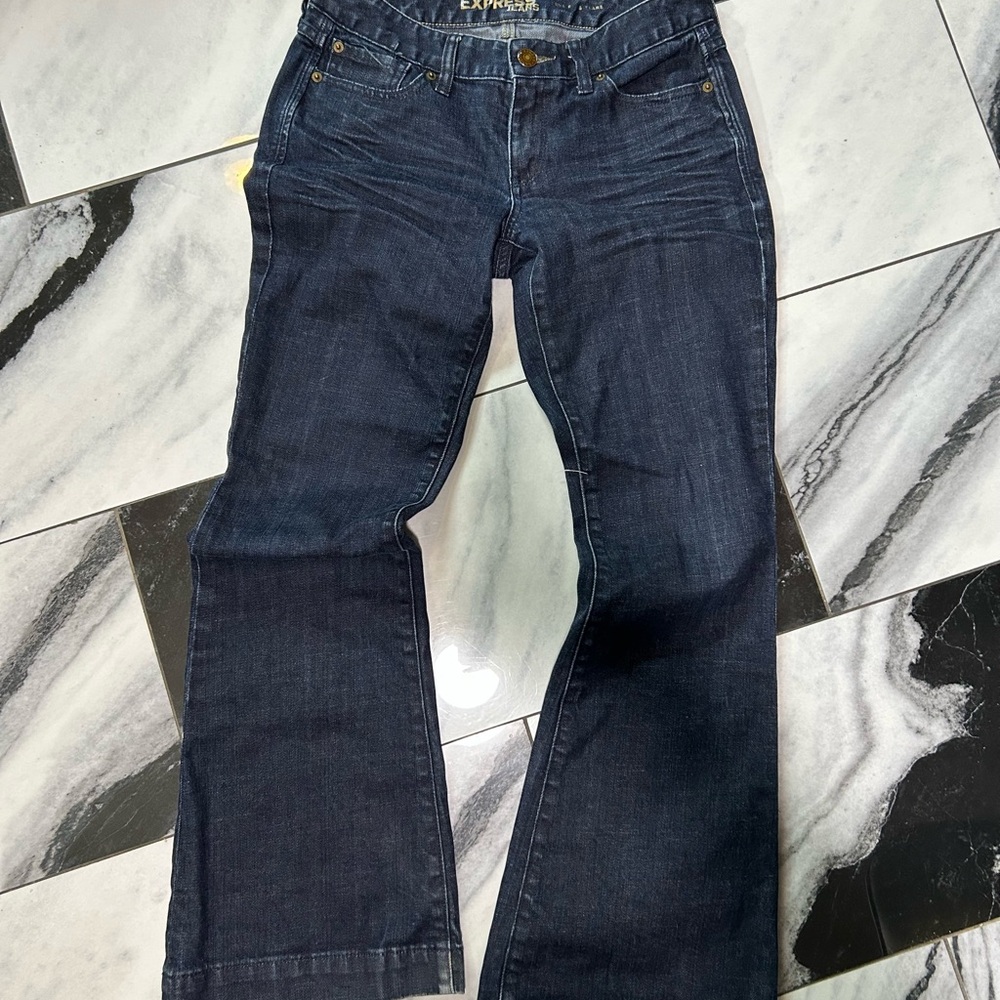 Vintage Y2K low rise Express Women's Dark Blue Flare Jeans
